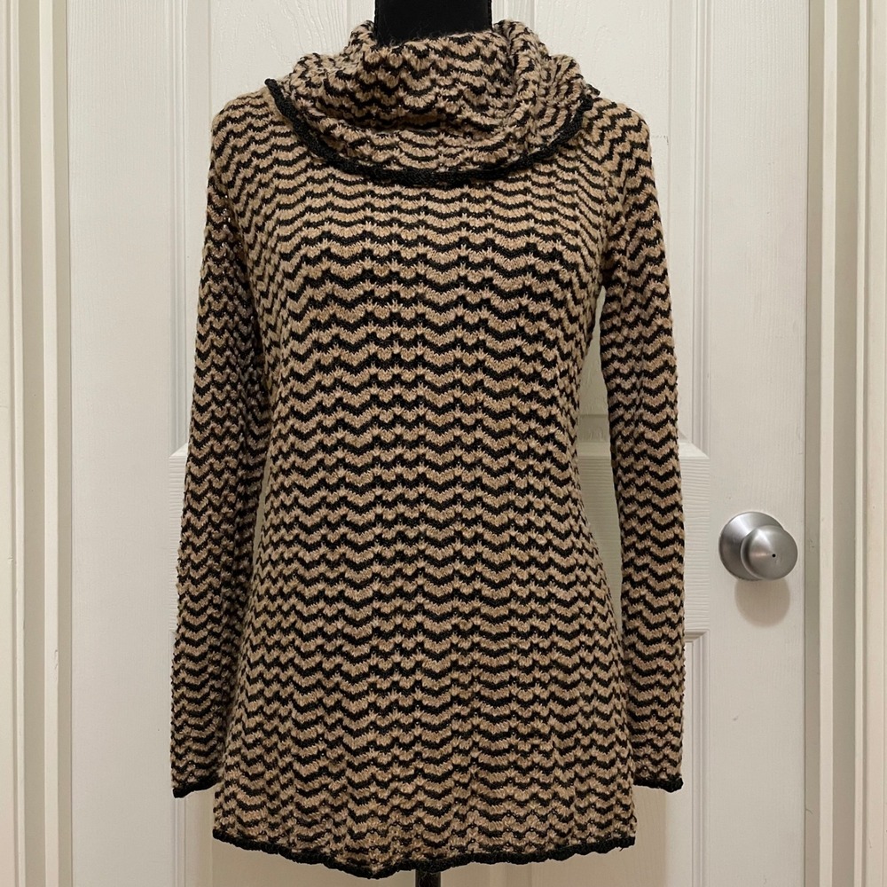 Jones New York Knit Sweater Cowl Neck Chevron Mohair Wool‎ Blend Brown Black S
